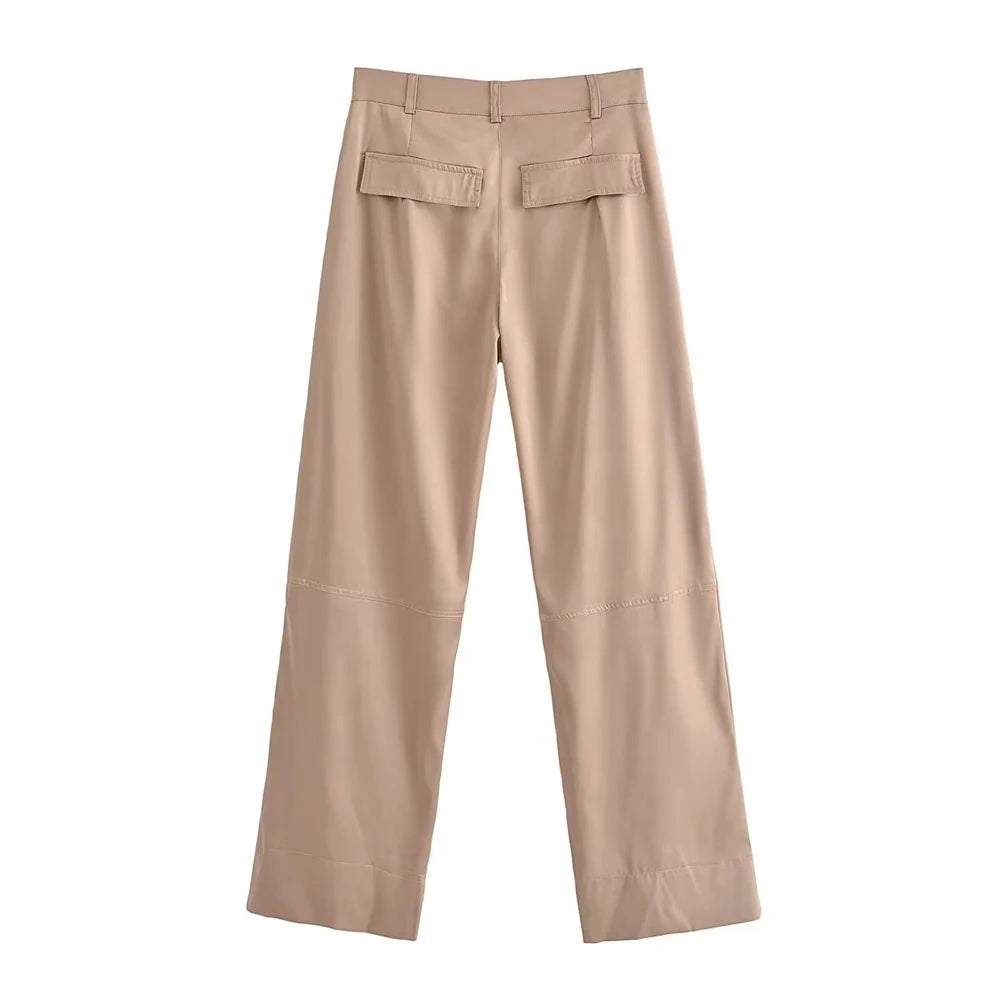 Vintage High Waist Satin Cargo Pants with Pockets for Women