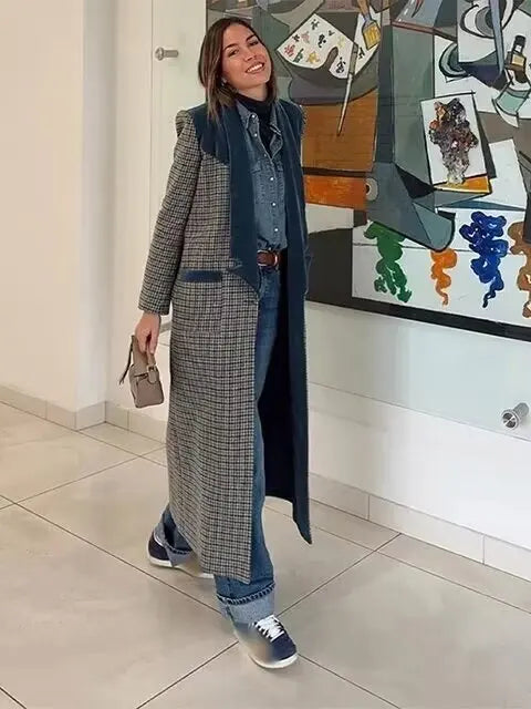 Elegant Soft Tweed Long Plaid Coat