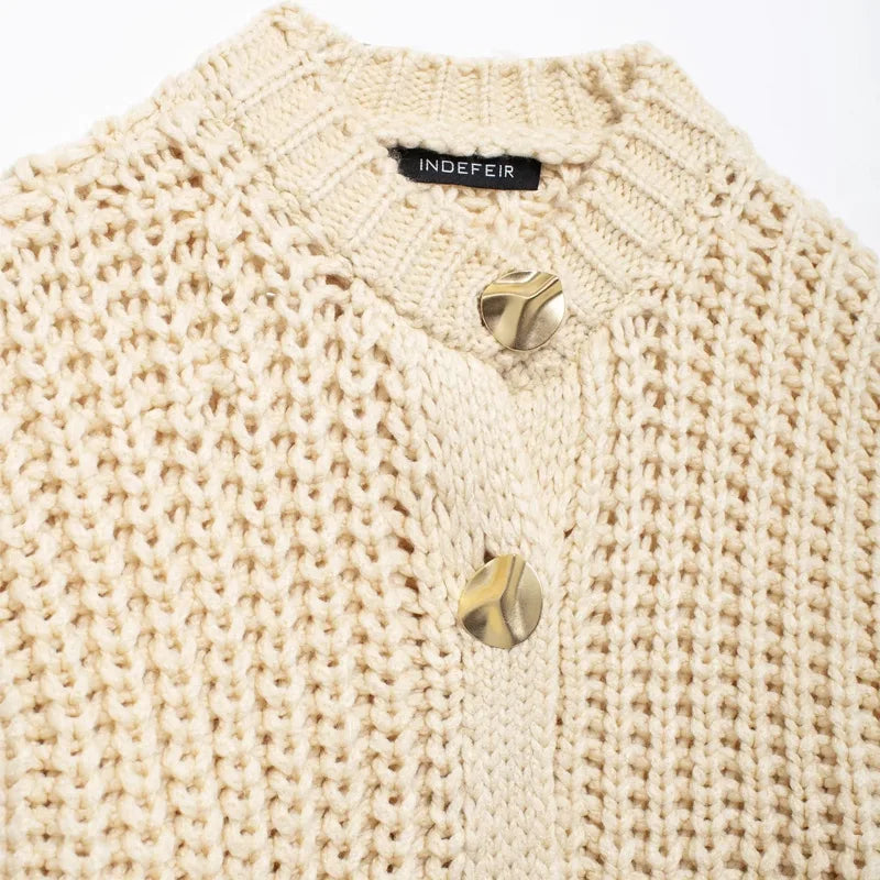 Beige Cropped Knitted Cardigan