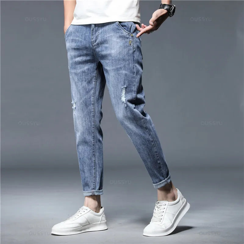 Summer Streetwear: High-Quality Stretch Denim Pants for Men