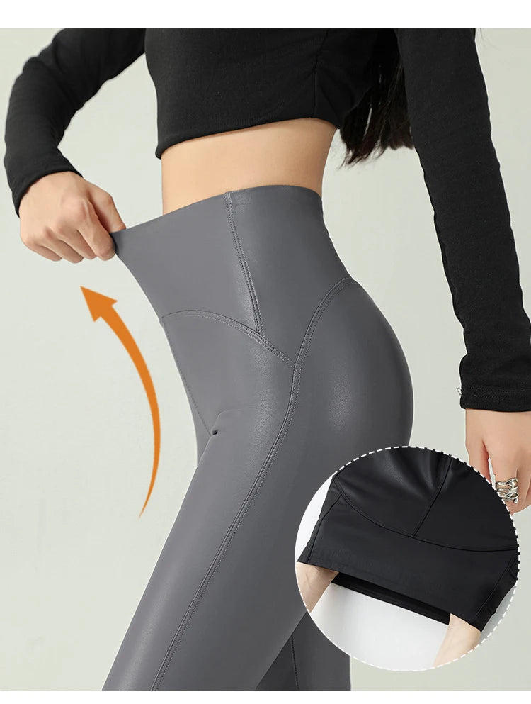 High-Waist Fleece PU Leather Leggings - Warm & Sexy Autumn/Winter