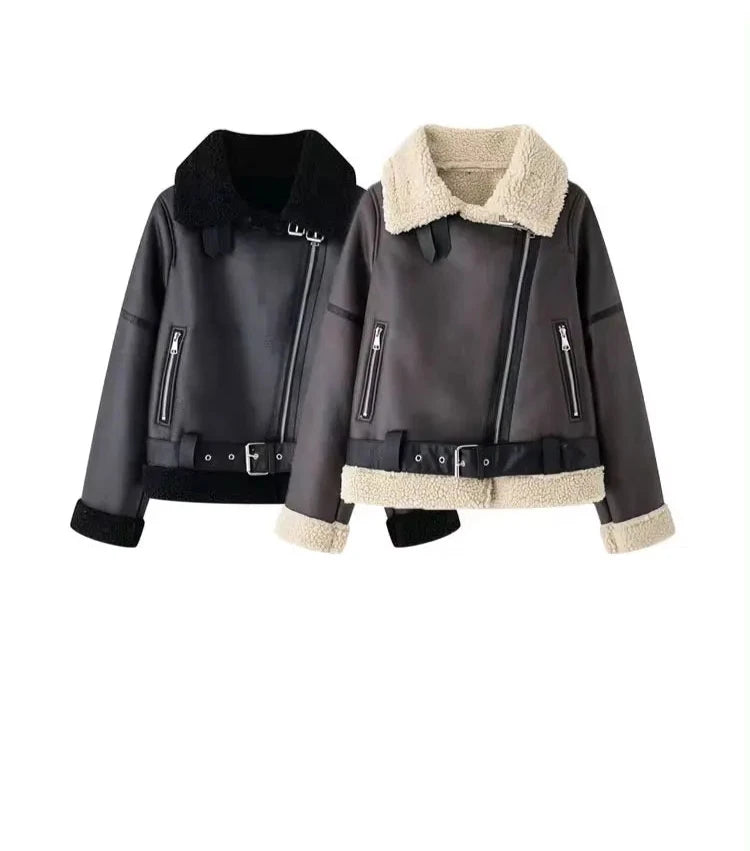 Women's Faux Shearling Jacket with Belt