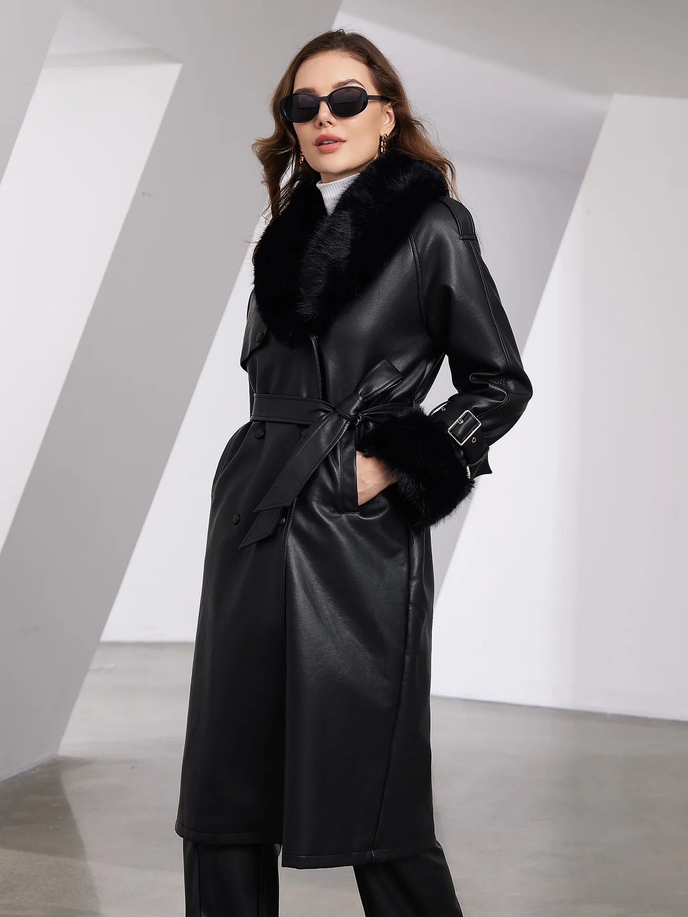 Faux Leather Trench Coat with Fur Collar – Luxurious Winter Style