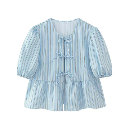 Stripe Bow Blouse: Fashion Puff Sleeve Shirt