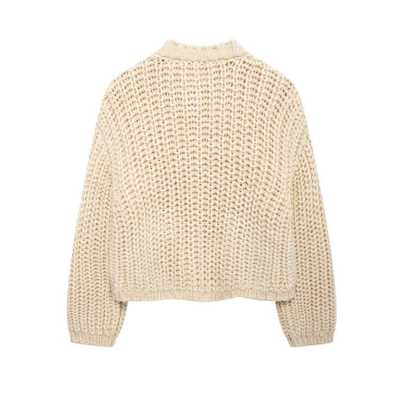 Beige Cropped Knitted Cardigan