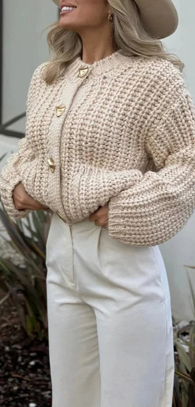 Beige Cropped Knitted Cardigan