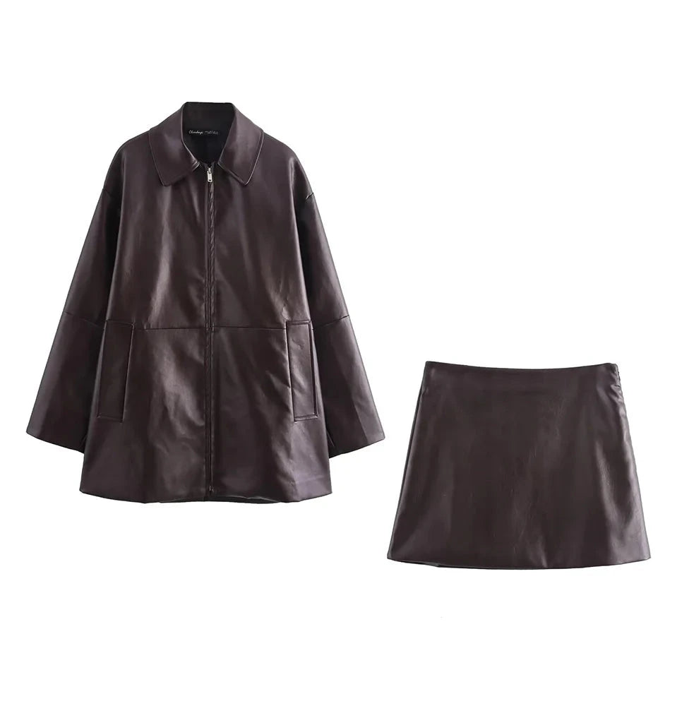 PU Leather Skirt & Jacket Set