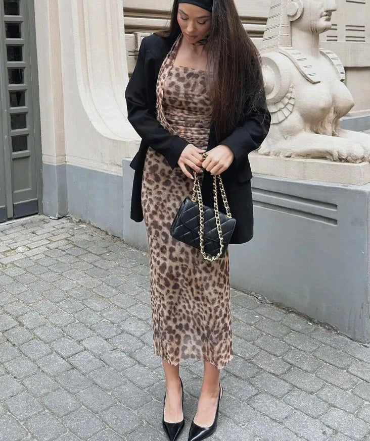 Spring Leopard Print Skirt Set - High Waist A-Line & Halterneck Top