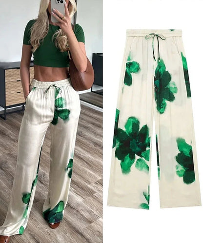 Women’s Print Suit: Turn-Down Collar Shirt & Wide Leg Pants