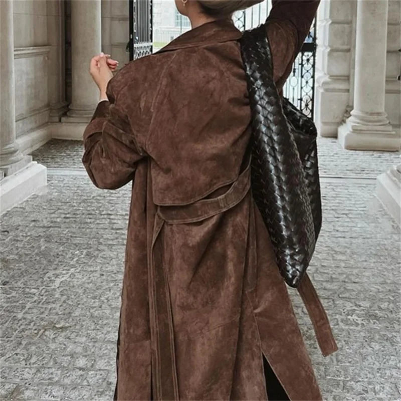 Vintage Brown Faux Leather Overcoat with Belt