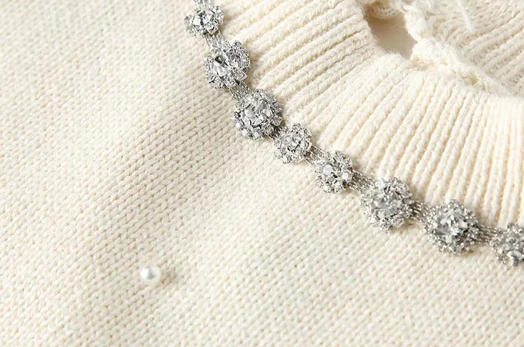 Women's Casual Solid Pearl-Decorated Slim Fit Crew Neck Sweater