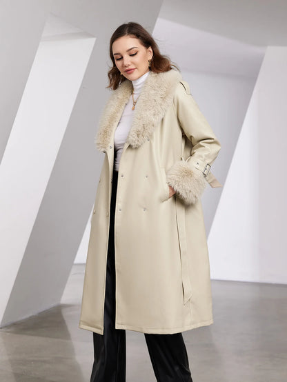 Faux Leather Trench Coat with Fur Collar – Luxurious Winter Style