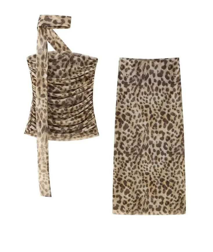 Spring Leopard Print Skirt Set - High Waist A-Line & Halterneck Top