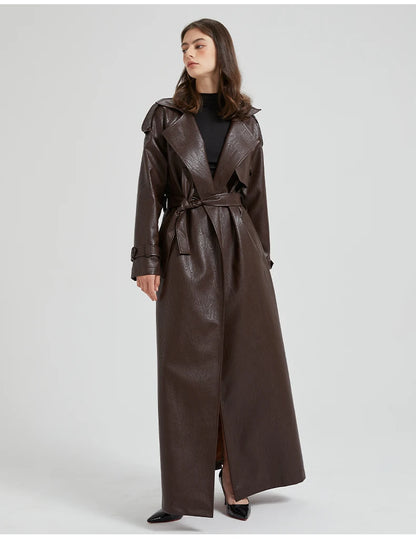 Autumn Extra-Long Brown Faux Leather Trench Coat with Belt