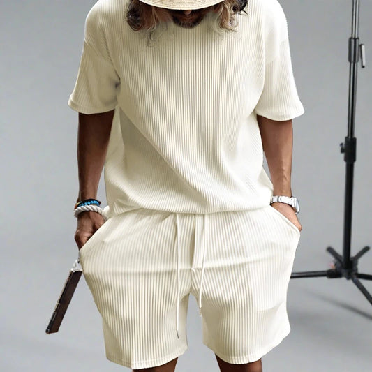 Summer Men's Striped Suit - Crew Neck T-shirt and Shorts Set