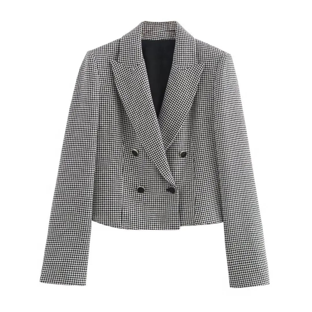 Women's Autumn Houndstooth Blazer & Wide Leg Pants Suit Set