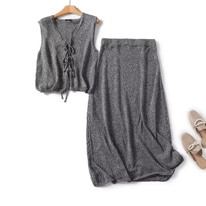 Elegant Gray Knit Skirt Set: French Minimalist Office Look