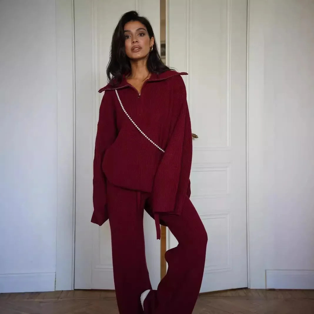 2-Piece Set with Zip Sweater and Straight-Leg Trousers