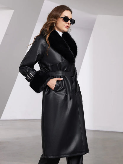 Faux Leather Trench Coat with Fur Collar – Luxurious Winter Style