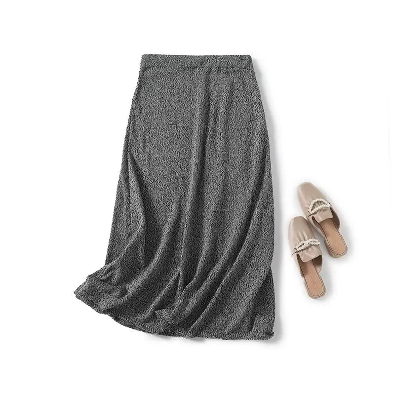 Elegant Gray Knit Skirt Set: French Minimalist Office Look