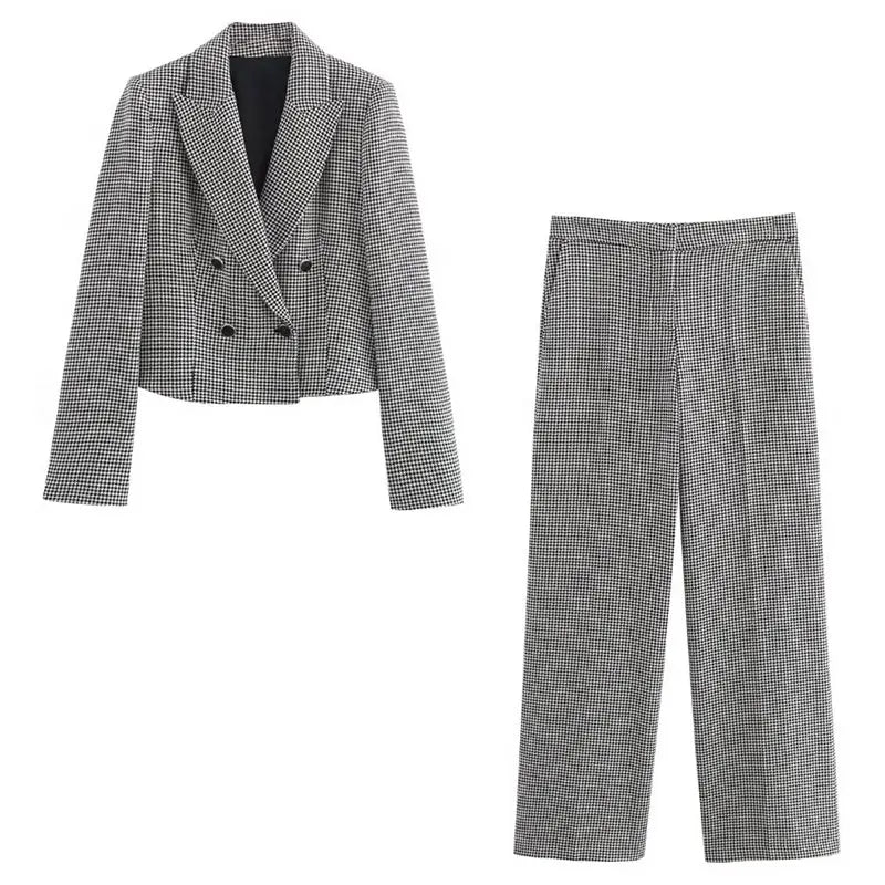 Women's Autumn Houndstooth Blazer & Wide Leg Pants Suit Set