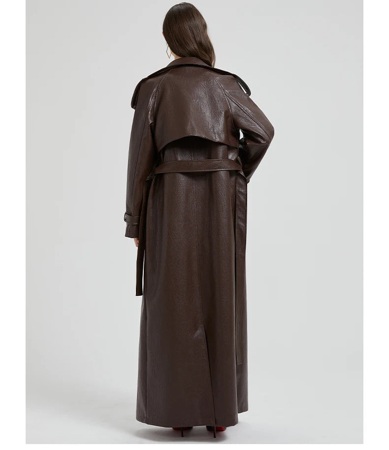 Autumn Extra-Long Brown Faux Leather Trench Coat with Belt