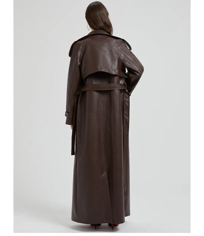 Autumn Extra-Long Brown Faux Leather Trench Coat with Belt