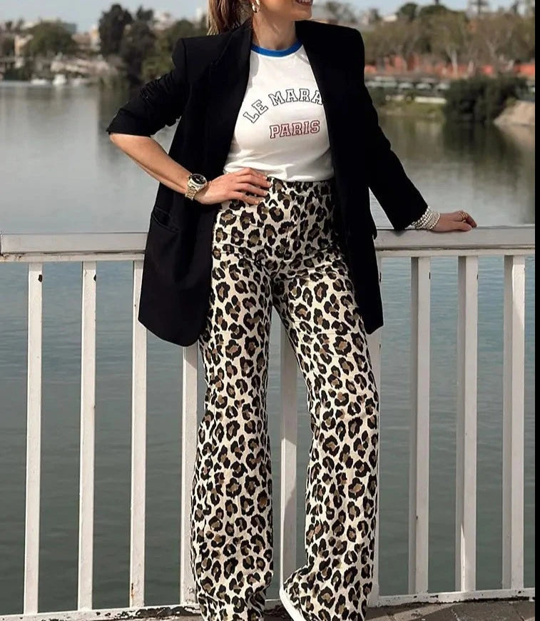 Leopard Print Pant For Women Fashion Vintage High Waist Slim Trousers Female Streetwear Casual Straight Pant