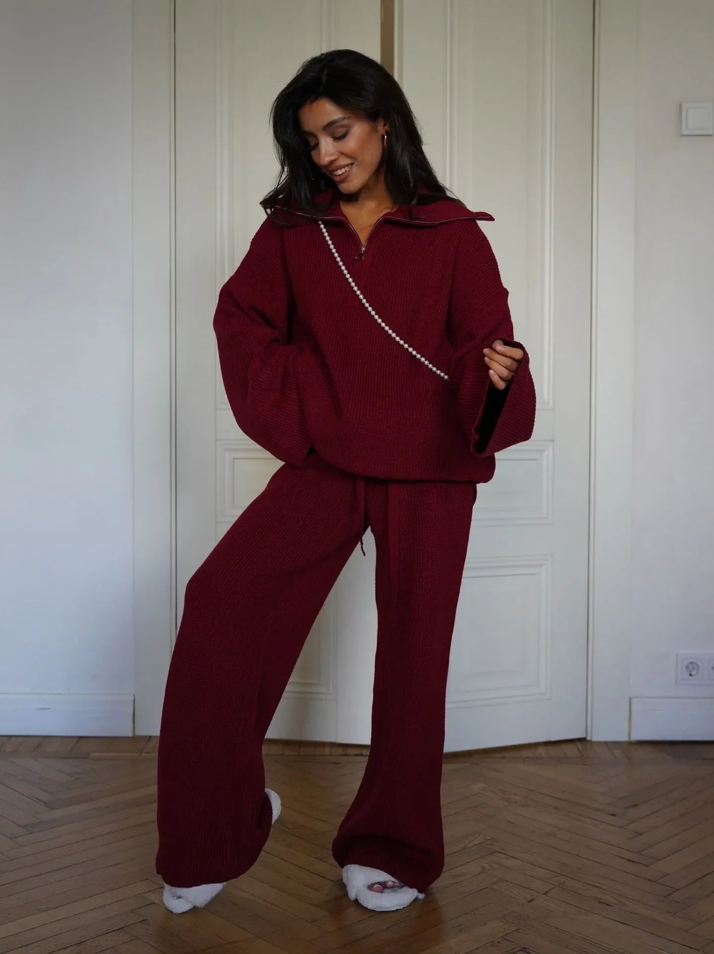 2-Piece Set with Zip Sweater and Straight-Leg Trousers