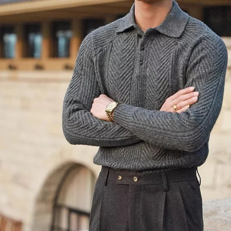 Knitted Polo Shirt with Zipper and Turn-down Collar