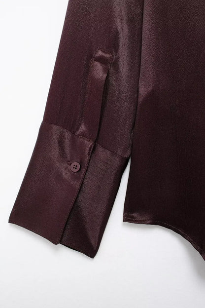 Burgundy Silk Satin Textured Shirt with Pocket Decor