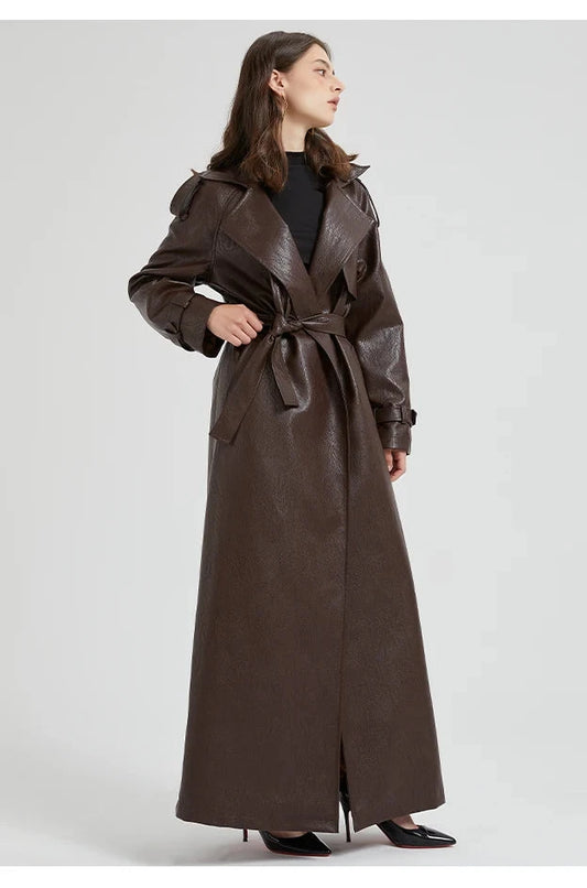 Autumn Extra-Long Brown Faux Leather Trench Coat with Belt