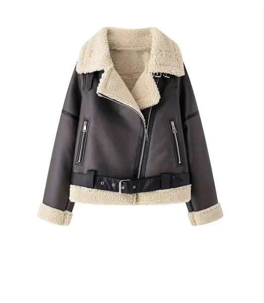 Women's Faux Shearling Jacket with Belt