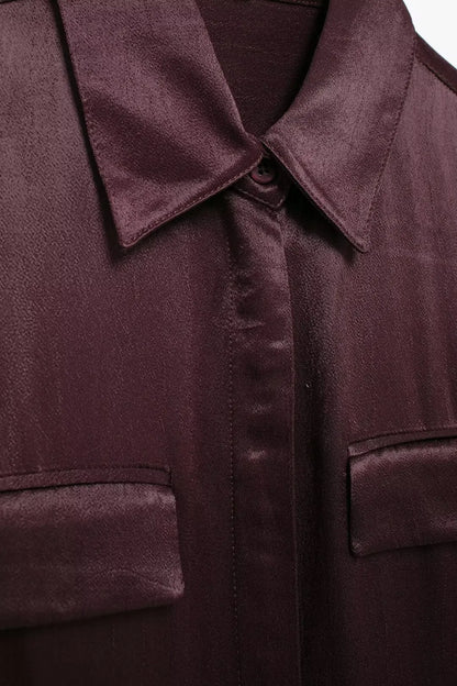 Burgundy Silk Satin Textured Shirt with Pocket Decor