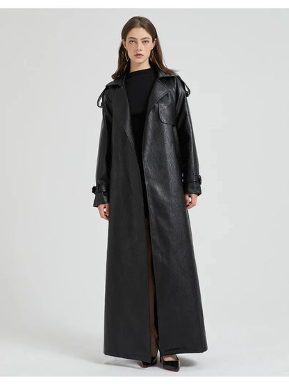 Autumn Extra-Long Brown Faux Leather Trench Coat with Belt