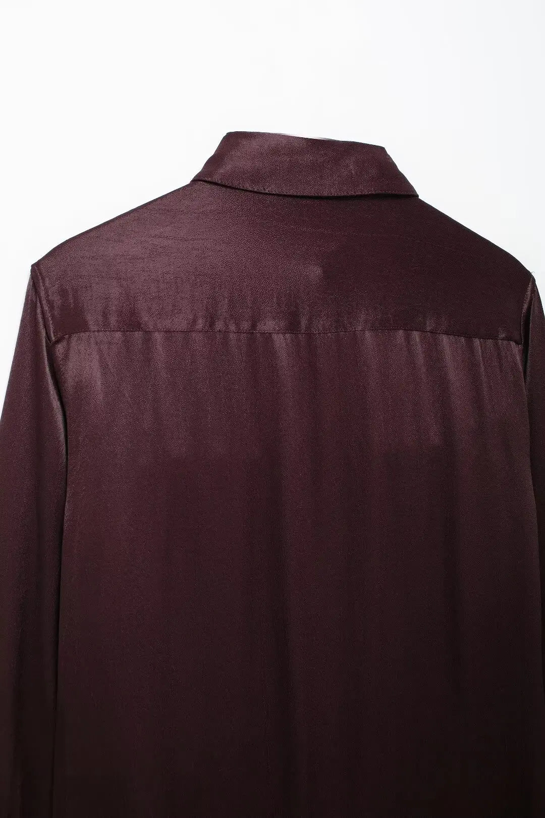 Burgundy Silk Satin Textured Shirt with Pocket Decor