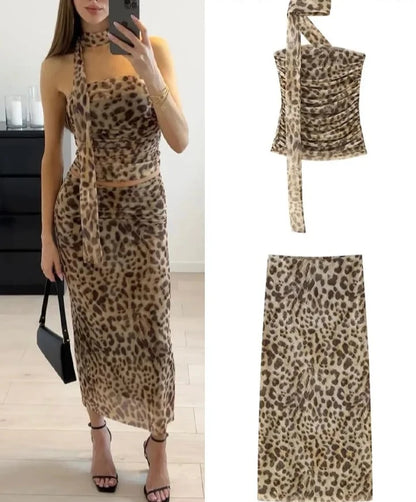 Spring Leopard Print Skirt Set - High Waist A-Line & Halterneck Top