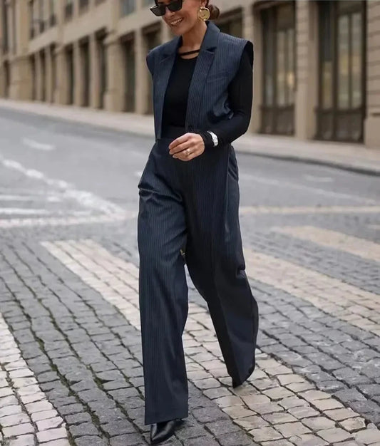 Striped Power Set - Wide Pants Suits V Neck Blazer