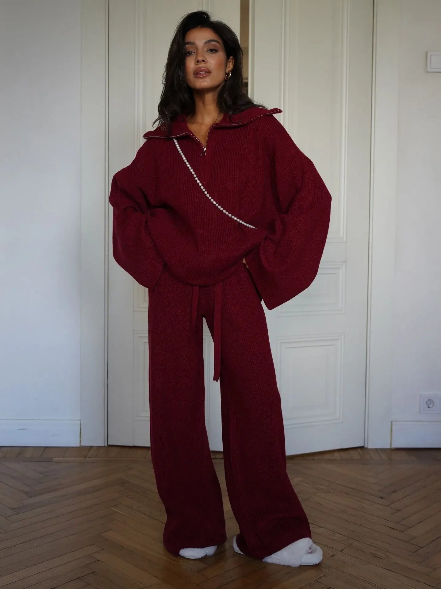 2-Piece Set with Zip Sweater and Straight-Leg Trousers