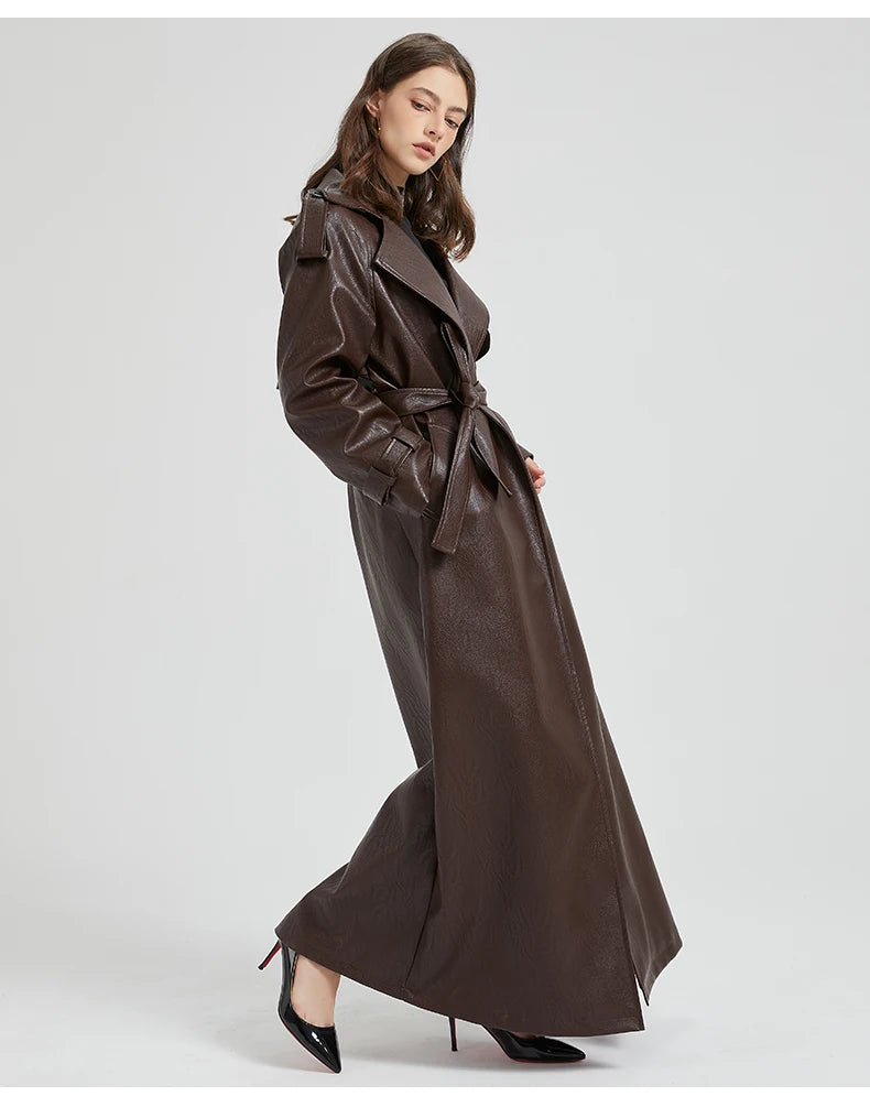 Autumn Extra-Long Brown Faux Leather Trench Coat with Belt