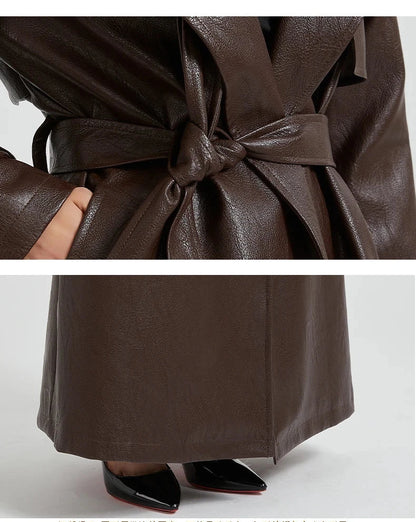 Autumn Extra-Long Brown Faux Leather Trench Coat with Belt