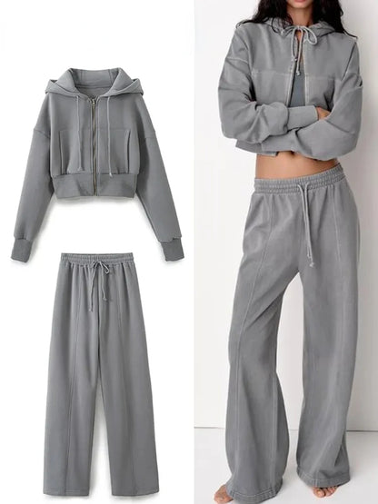 Hooded Zipper Coat & Wide-Leg Pants Suit - Casual Slim Fit