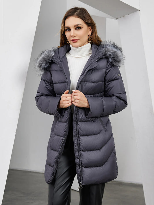 Women’s Winter Parka Coat with Fur Collar & Belt