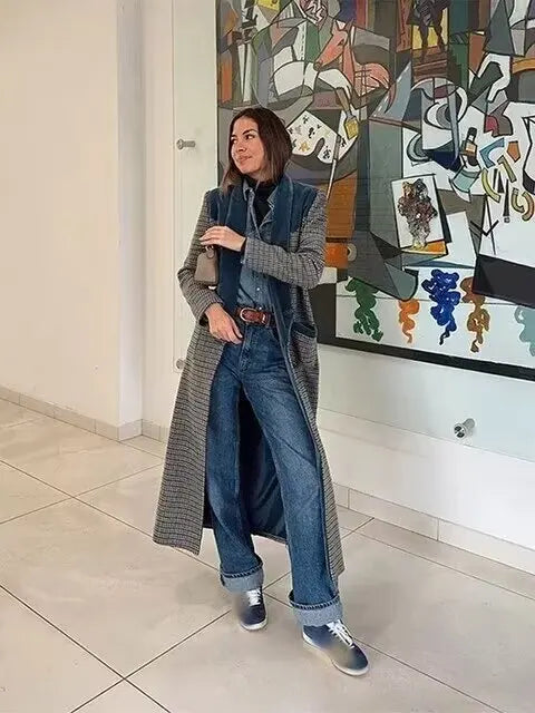 Elegant Soft Tweed Long Plaid Coat