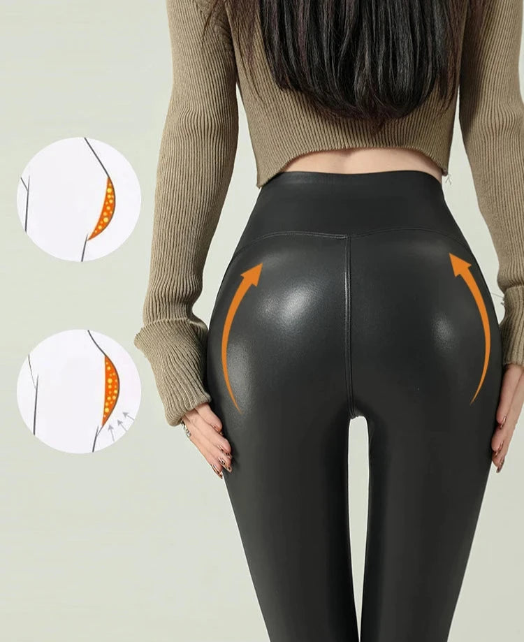 High-Waist Fleece PU Leather Leggings - Warm & Sexy Autumn/Winter