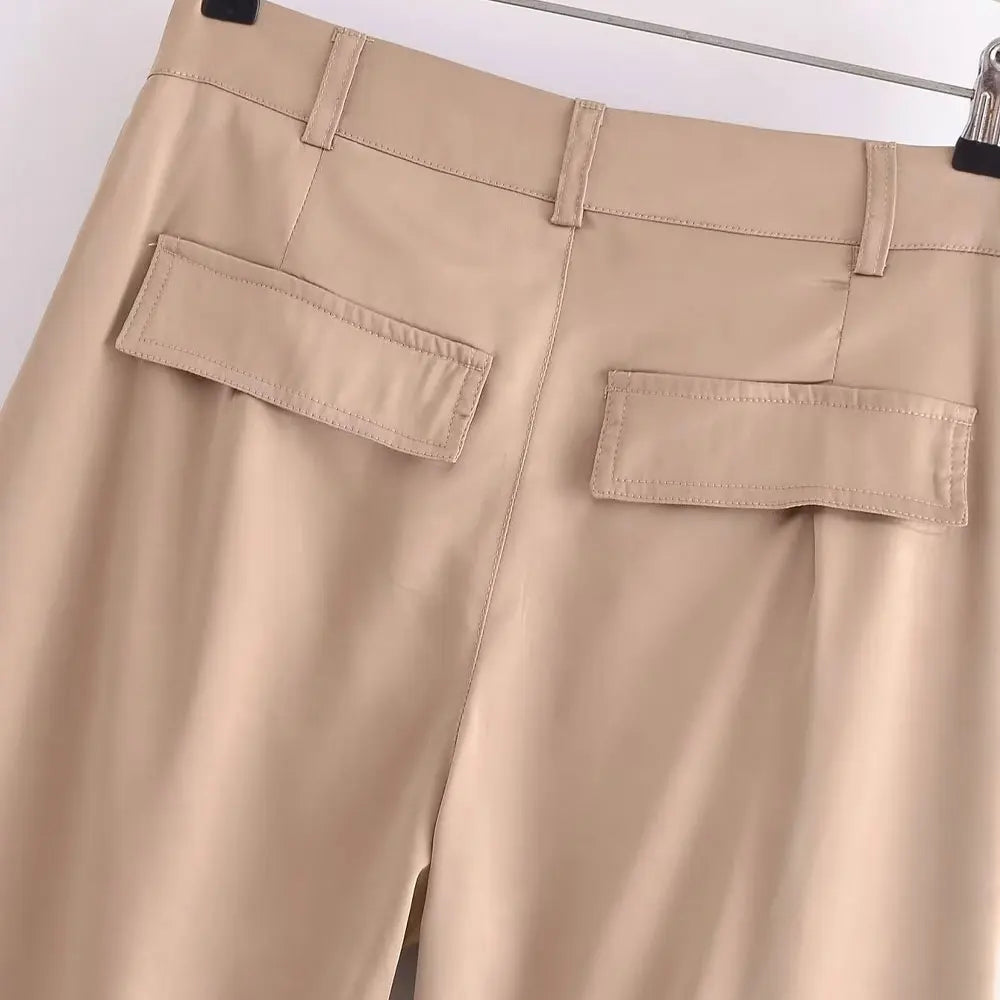 Vintage High Waist Satin Cargo Pants with Pockets for Women