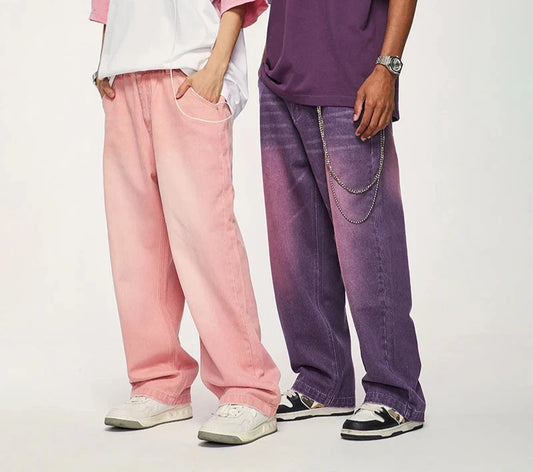 Unisex Pink Wide Leg Jeans: Trendy Washed Denim Baggy Trousers