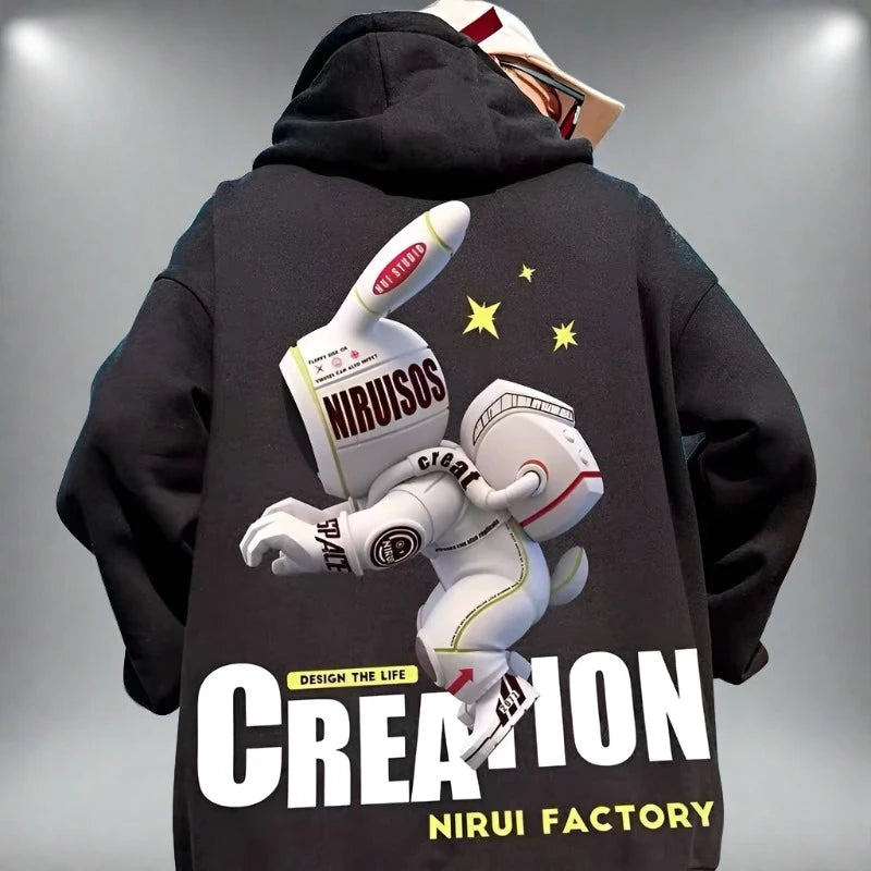 Streetwear Oversize Hoody Sweatshirt - Spaceman Print Fleece