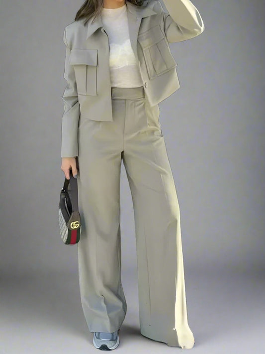 Vintage Casual Women's Suit - Turn-down Collar Jacket & Loose Pants Set