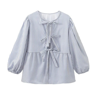 Stripe Bow Blouse: Fashion Puff Sleeve Shirt